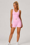 KIKI ROCK Cross High Top Sports Suit Female Fitness Yoga Wear — Vest Shorts Pink
