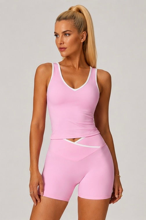 KIKI ROCK Cross High Top Sports Suit Female Fitness Yoga Wear — Vest Shorts Pink