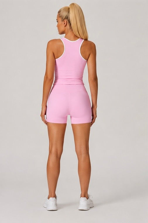 KIKI ROCK Cross High Top Sports Suit Female Fitness Yoga Wear — Vest Shorts Pink