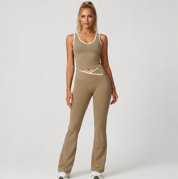 KIKI ROCK Cross High Top Sports Suit Female Fitness Yoga Wear — Vest Pants Cocoa Brown