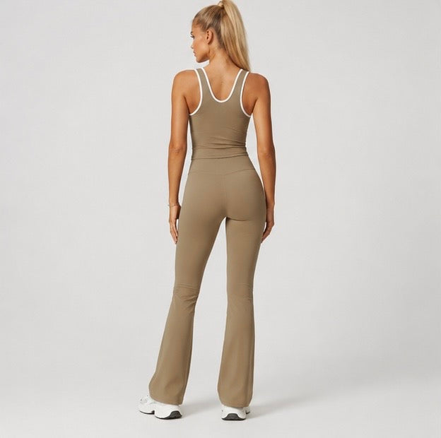 KIKI ROCK Cross High Top Sports Suit Female Fitness Yoga Wear — Vest Pants Cocoa Brown