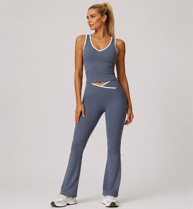 KIKI ROCK Cross High Top Sports Suit Female Fitness Yoga Wear — Vest Pants Blue Gray