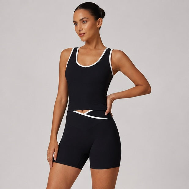 KIKI ROCK Cross High Top Sports Suit Female Fitness Yoga Wear — Vest Shorts Advanced Black