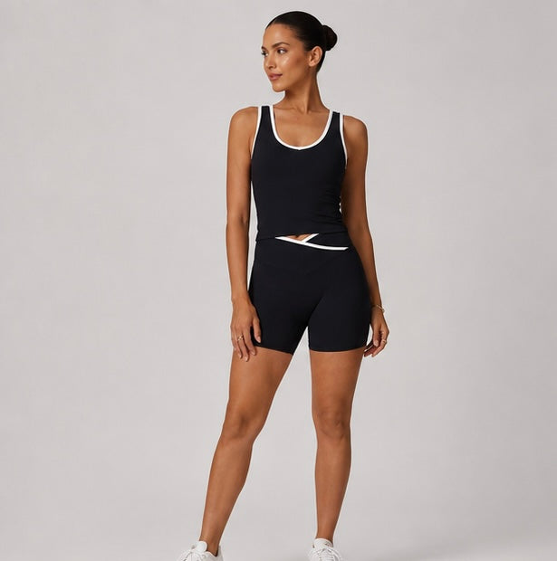 KIKI ROCK Cross High Top Sports Suit Female Fitness Yoga Wear — Vest Shorts Advanced Black