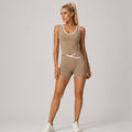 KIKI ROCK Cross High Top Sports Suit Female Fitness Yoga Wear — Vest Shorts Cocoa Brown