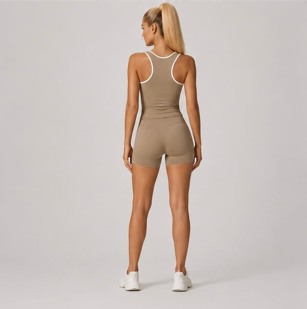 KIKI ROCK Cross High Top Sports Suit Female Fitness Yoga Wear — Vest Shorts Cocoa Brown