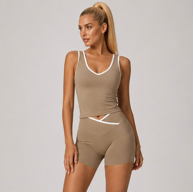 KIKI ROCK Cross High Top Sports Suit Female Fitness Yoga Wear — Vest Shorts Cocoa Brown