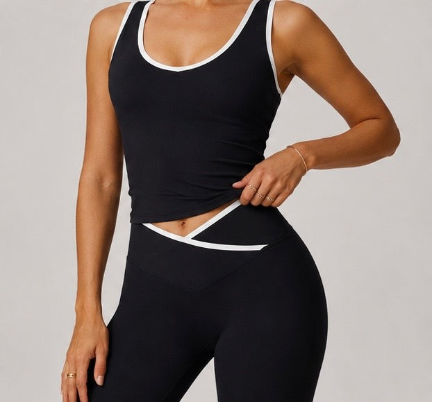 KIKI ROCK Cross High Top Sports Suit Female Fitness Yoga Wear — Vest Pants Advanced Black