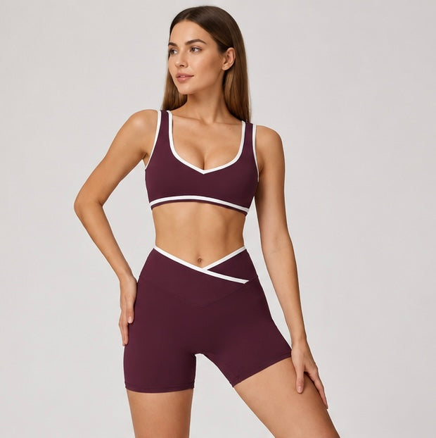 KIKI ROCK Cross High Top Sports Suit Female Fitness Yoga Wear — Bra Shorts dark purple red