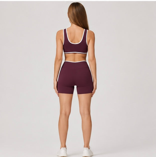 KIKI ROCK Cross High Top Sports Suit Female Fitness Yoga Wear — Bra Shorts dark purple red