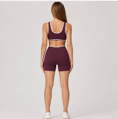 KIKI ROCK Cross High Top Sports Suit Female Fitness Yoga Wear — Bra Shorts dark purple red
