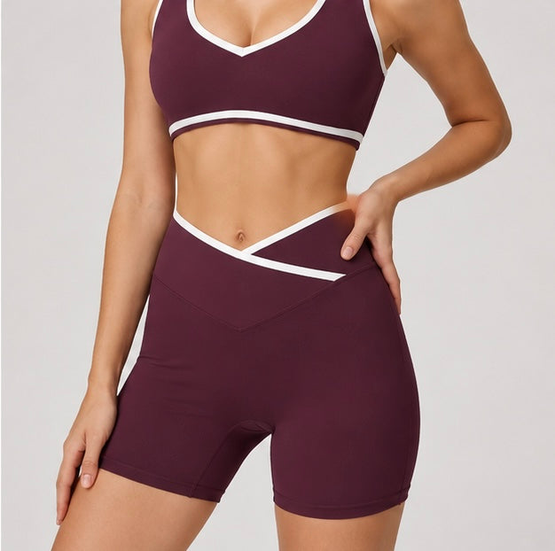 KIKI ROCK Cross High Top Sports Suit Female Fitness Yoga Wear — Bra Shorts dark purple red