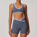 KIKI ROCK Cross High Top Sports Suit Female Fitness Yoga Wear — Bra Shorts Blue Gray