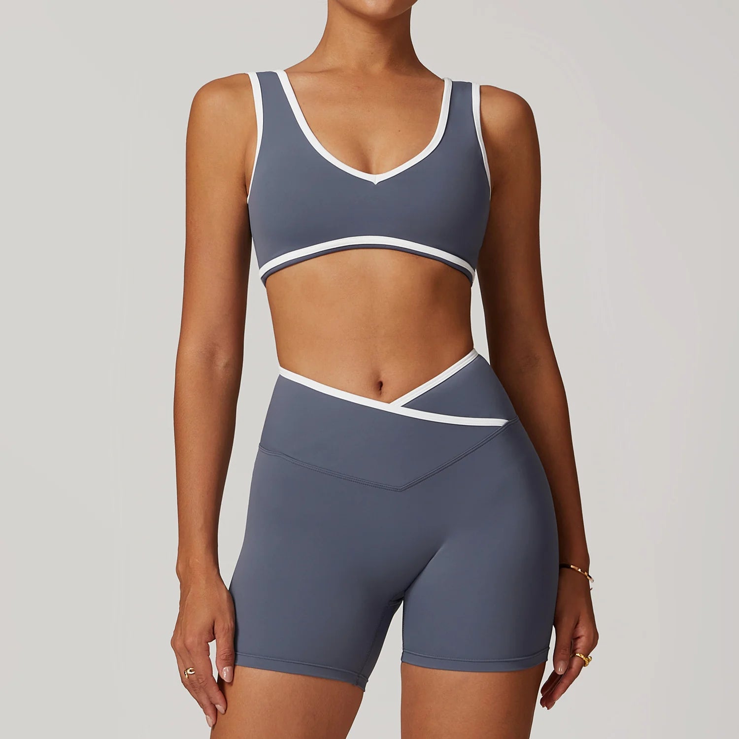 KIKI ROCK Cross High Top Sports Suit Female Fitness Yoga Wear — Bra Shorts Blue Gray