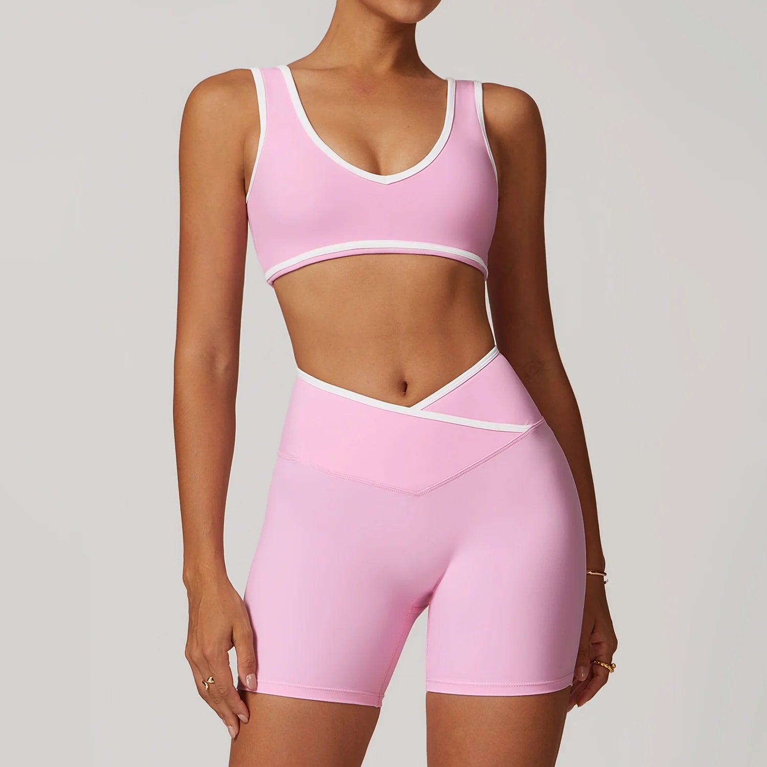 KIKI ROCK Cross High Top Sports Suit Female Fitness Yoga Wear — Bra Shorts Pink