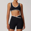 KIKI ROCK Cross High Top Sports Suit Female Fitness Yoga Wear — Bra Shorts Premium Black