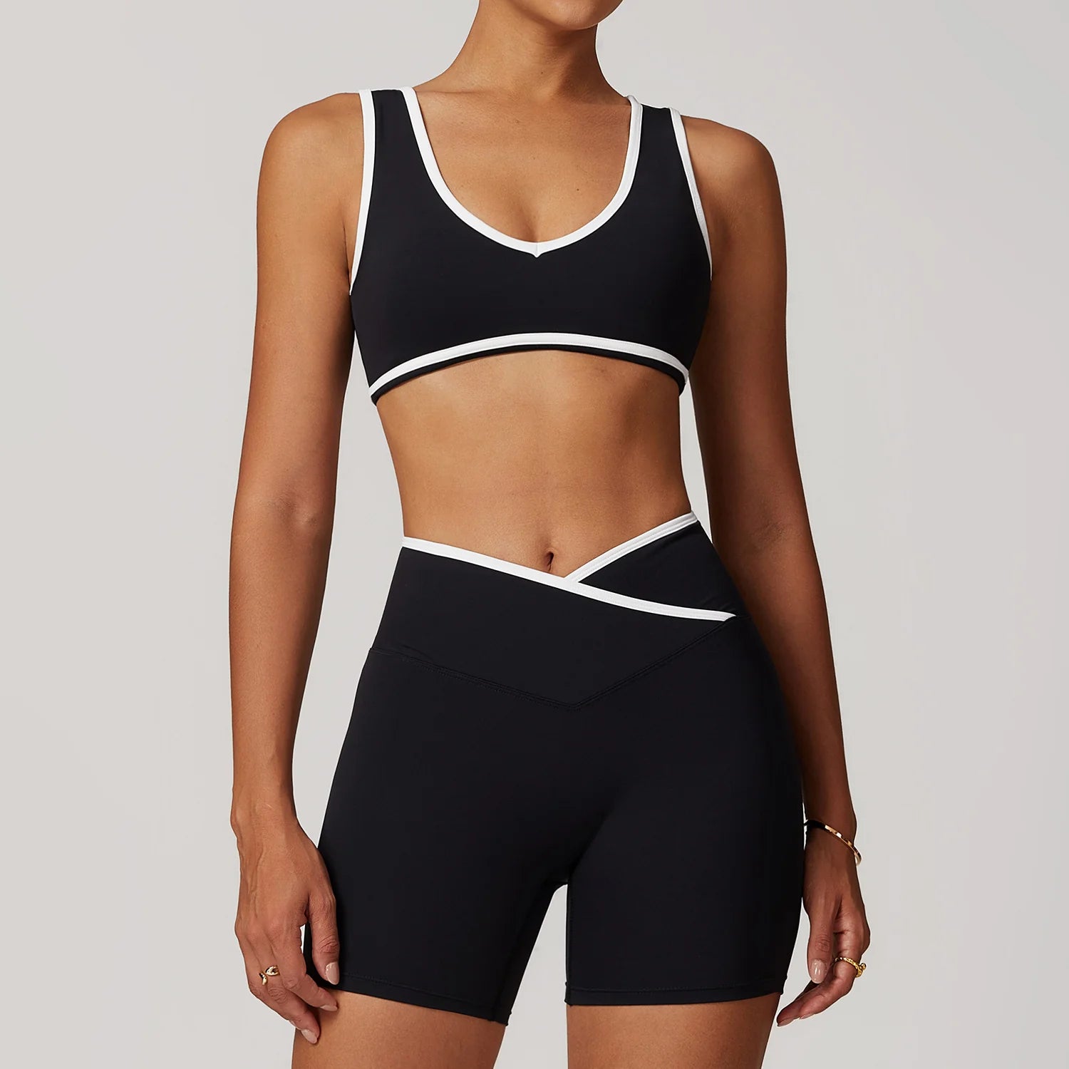 KIKI ROCK Cross High Top Sports Suit Female Fitness Yoga Wear — Bra Shorts Premium Black
