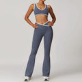 KIKI ROCK Cross High Top Sports Suit Female Fitness Yoga Wear — Bra bell bottoms badge blue