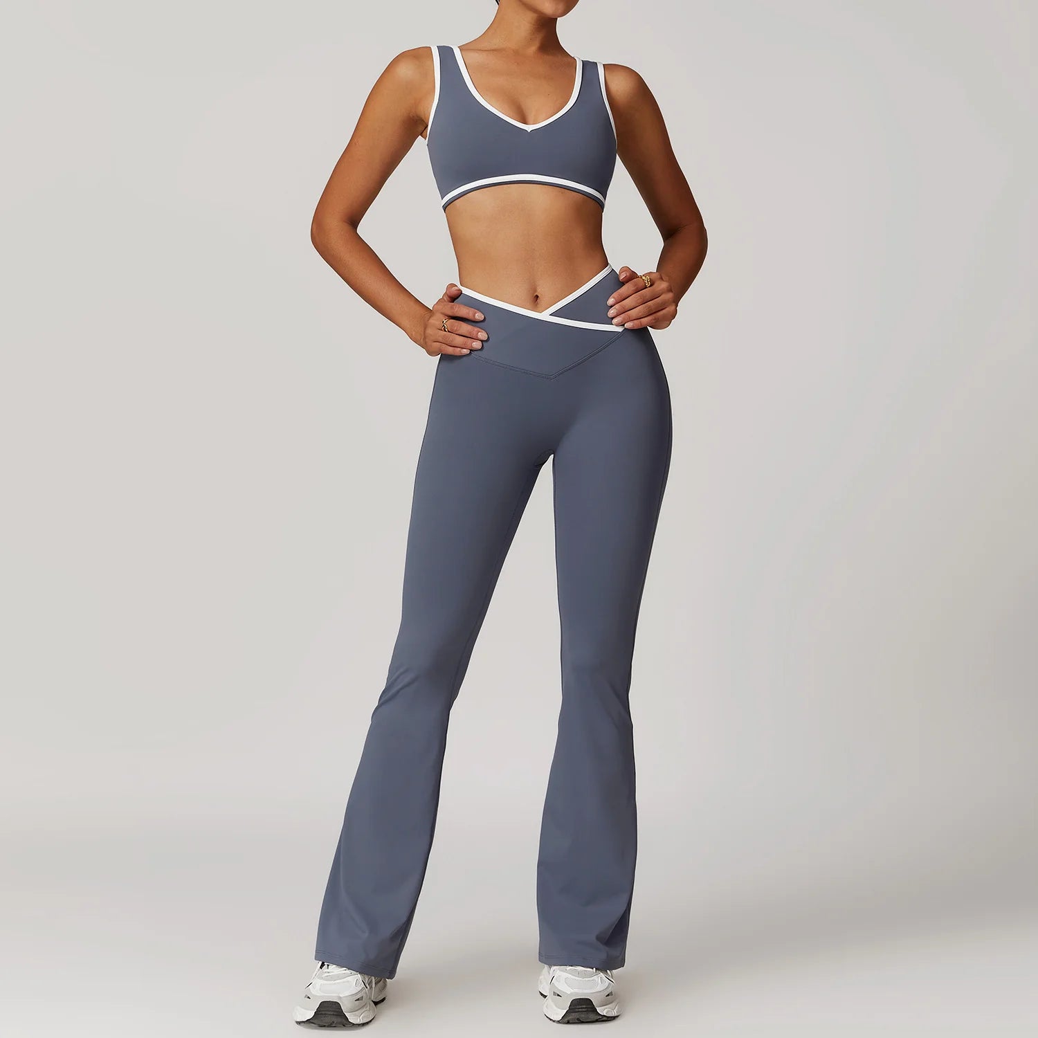 KIKI ROCK Cross High Top Sports Suit Female Fitness Yoga Wear — Bra Trousers Blue Gray