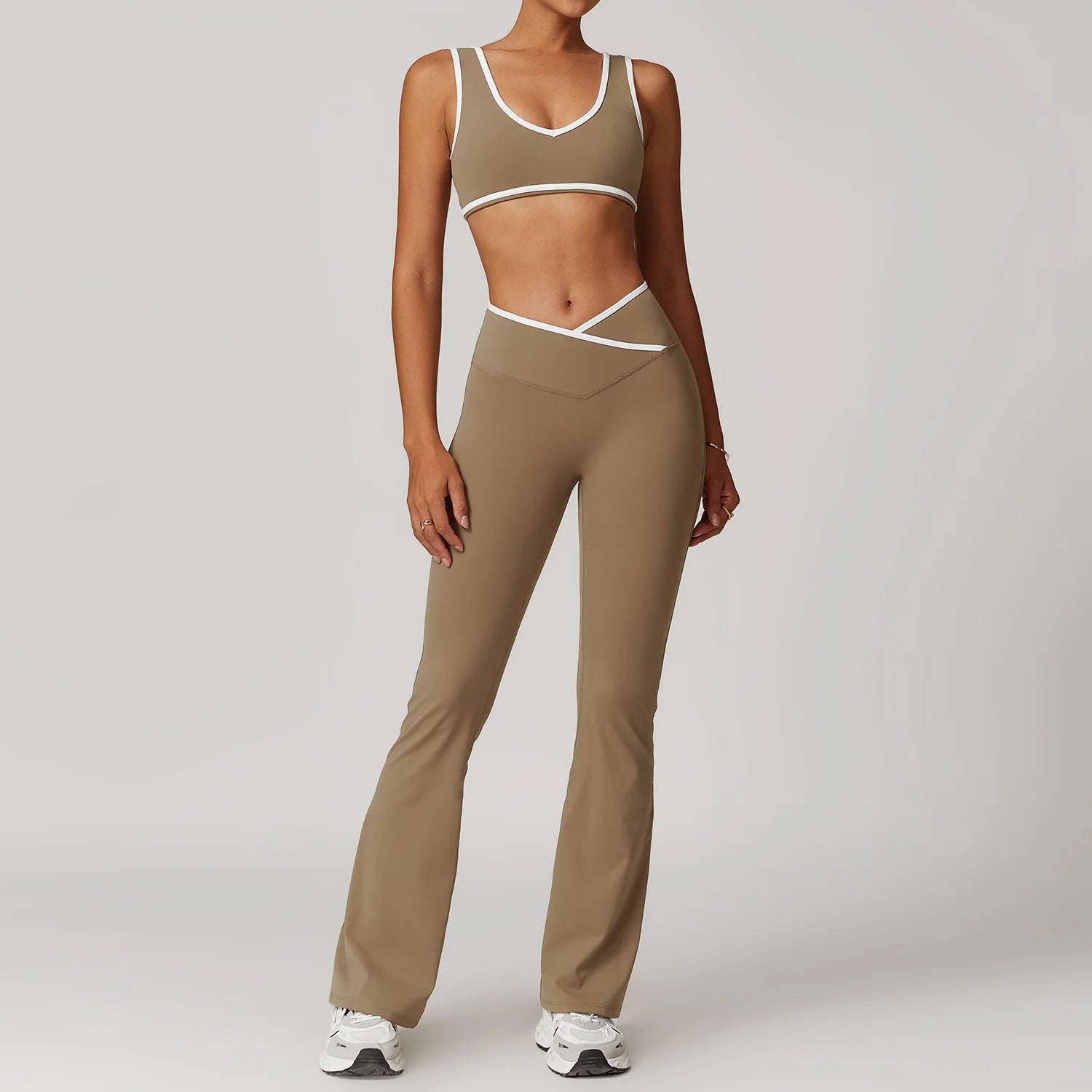 KIKI ROCK Cross High Top Sports Suit Female Fitness Yoga Wear — Bra Trousers Cocoa Brown