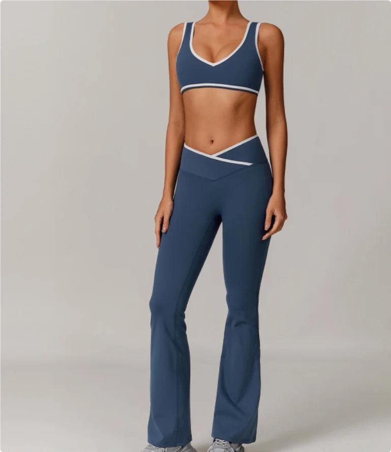 KIKI ROCK Cross High Top Sports Suit Female Fitness Yoga Wear — Bra bell bottoms badge blue