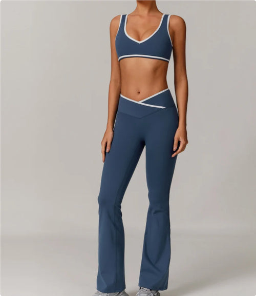 KIKI ROCK Cross High Top Sports Suit Female Fitness Yoga Wear — Bra bell bottoms badge blue